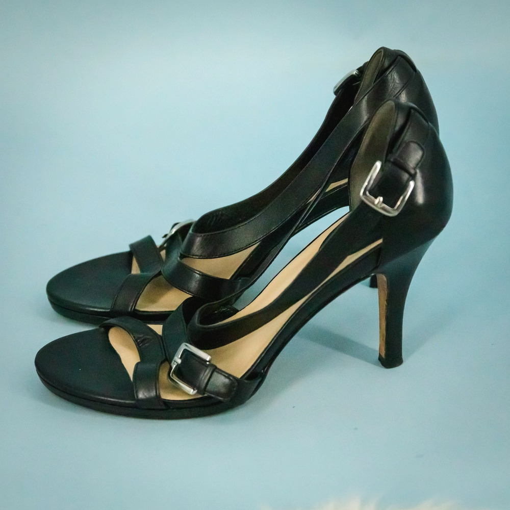 Cole Haan Size 8 Carma Black Leather Strappy Slip On High Heel Pumps Sandals - Picture 3 of 6